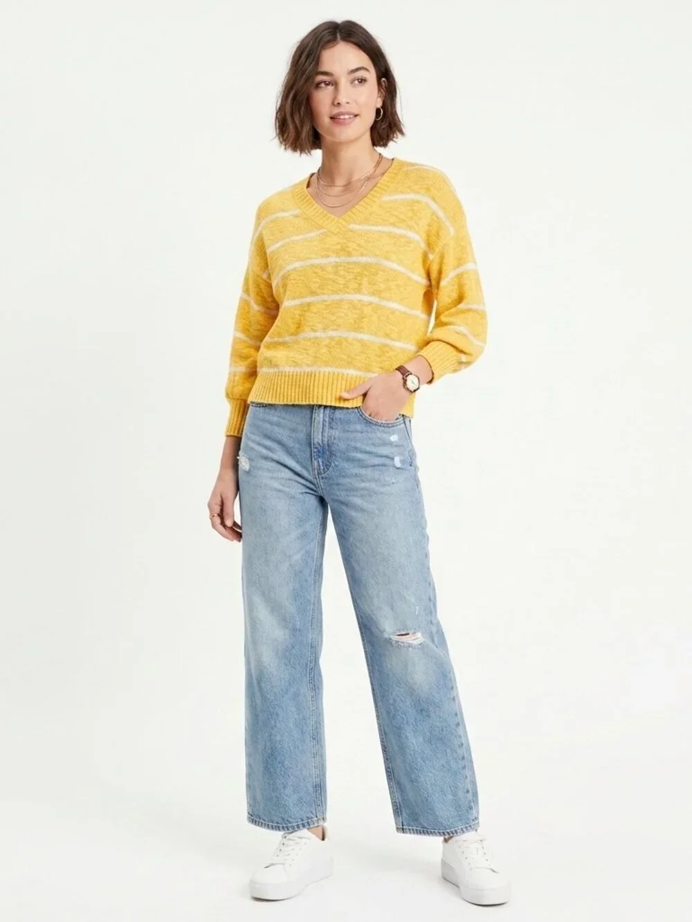VINTAGE 80s DVF Diane Von Furstenberg Yellow Striped V-Neck Sweater Small